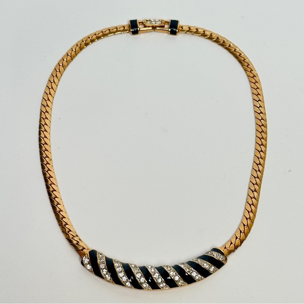 Vintage Daniel Swarovski DS Co. Black‎ Enamel Gold Tone Necklace